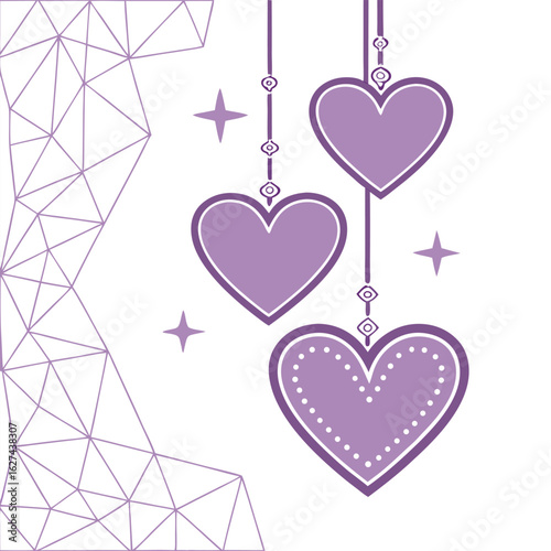 Three lavender hearts dangle near a geometric pattern and stars on a transparent background