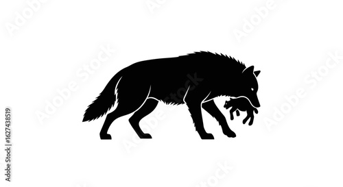 side profile silhouette of a wolf carrying prey: powerful vector illustration isolated on transparent background