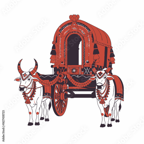 Ornate traditional Indian bullock cart with two decorated zebu oxen. Vintage royal carriage vector illustration for cultural design.