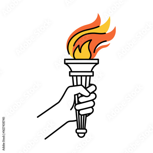 A hand holding a flaming torch, an iconic symbol of victory, enlightenment, and the passionate spirit of competition.