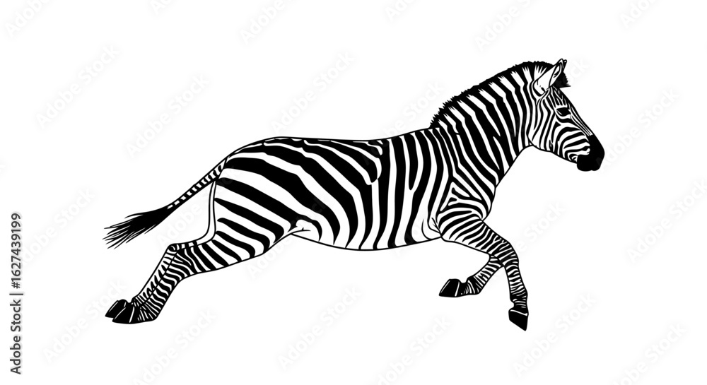 Naklejka premium side profile of a leaping zebra, isolated on transparent background: elegant black and white line art illustration