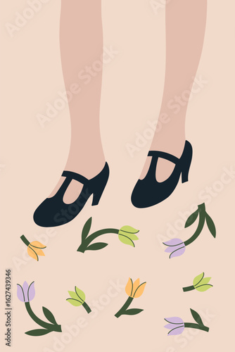 Minimalistic postcard or poster with female legs and fallen flowers. Vector graphics.