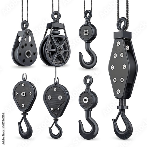 Collection of antique maritime pulleys and blocks isolated on white background