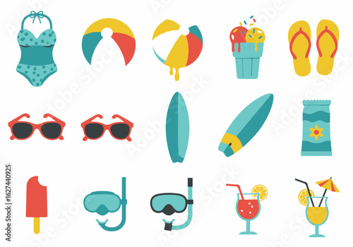 Array of beach items includes swimwear balls sunglasses surfboards flipflops snacks drinks and snorkel gear