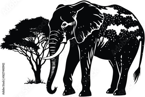 Majestic elephant beside acacia tree rendered in black and white savanna wildlife