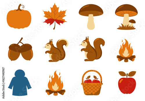 Assorted fallthemed vector icons pumpkin leaf mushrooms squirrels acorns fire apples coat basket