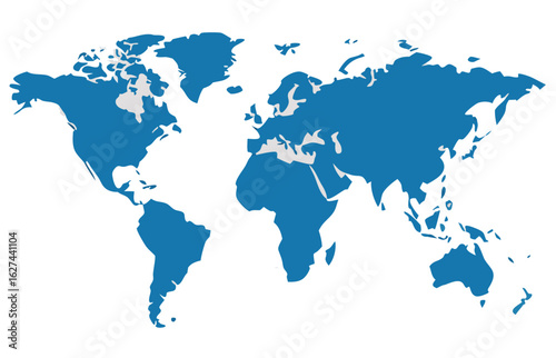 A simplified blue world map depicting all continents and global locations for travel or study