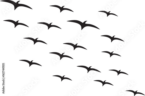 Large flock of black birds flying in formation migration
