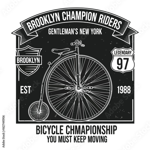Art of vintage bicycle with brooklyn champion riders text and gentlemans new york details, isolated on white background