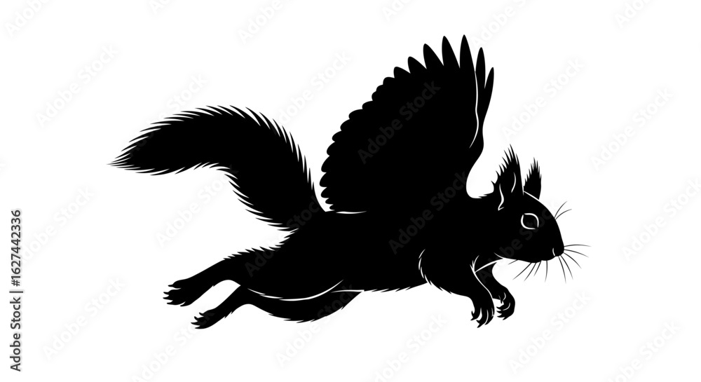 Fototapeta premium side profile of a flying squirrel silhouette: a whimsical, black vector illustration isolated on transparent background, perfect for logo design or fantasy art projects