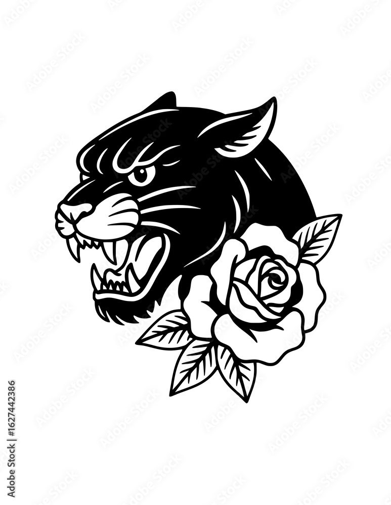 Obraz premium Silhouette of a snarling black panther with a red rose in a traditional tattoo style; perfect for retro-themed creative projects.