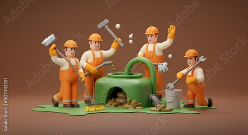 3D Cartoon Construction Workers Repairing Money Pot