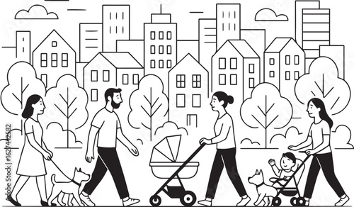 People Walking in a City Park with Dogs and Stroller