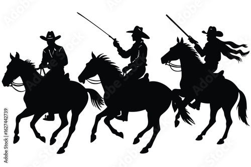 Three cowboys riding horses with whips silhouette