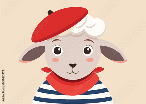 French Sheep Vector Chic Animal Character in Beret and Striped Shirt with Parisian Flair Design 