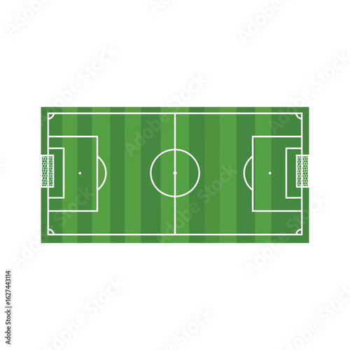 Top view of a soccer field with green grass and white lines, Flat vector