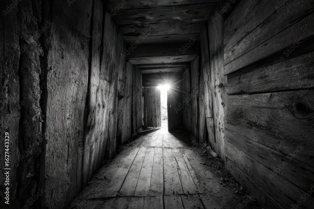 Wooden tunnel, light at end Wooden tunnel, light at end