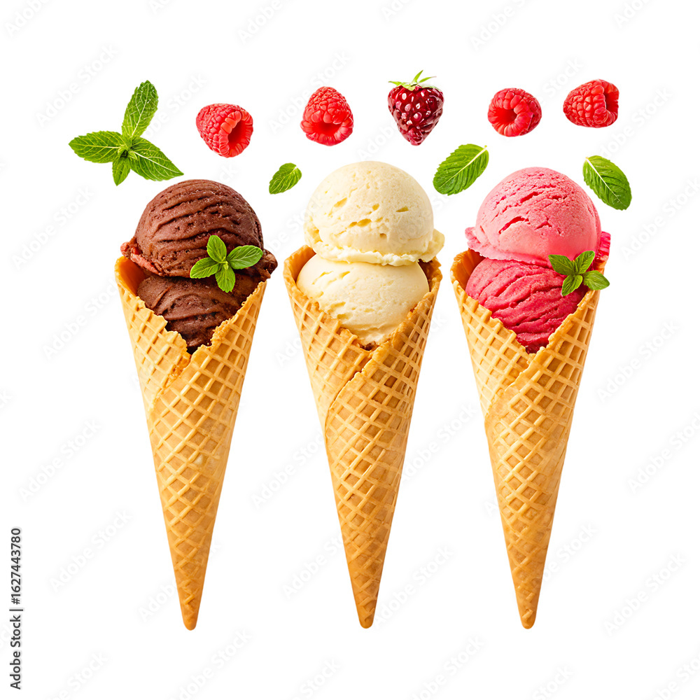 Three ice cream cones with berries and mint leaves isolated on transparent background Three ice cream cones with berries and mint leaves isolated on transparent background