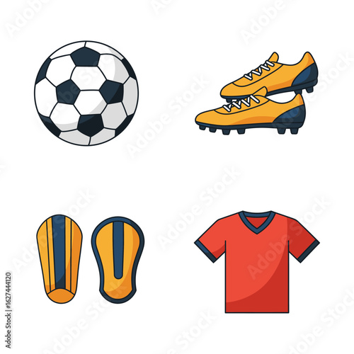 Soccer equipment icons including a ball cleats shin guards and jersey, Flat vector
