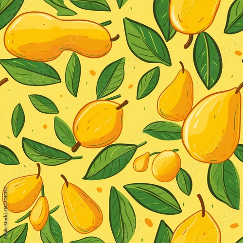 Bright Yellow Fruit Pattern with Green Leaves on Light Yellow Backdrop
