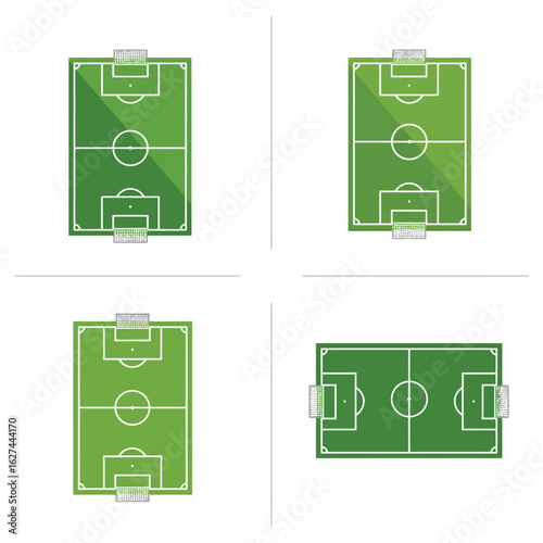 Four variations of a green soccer field viewed from above in vector format, Flat vector