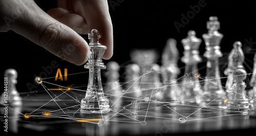 AI Chess Board with White Queen Move, Digital Font and Neural Network Lines, Business Intelligence Analytics on Black Background