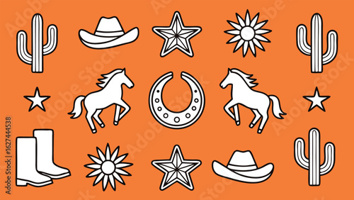 Western desert icons cowboy hats horses cacti boots