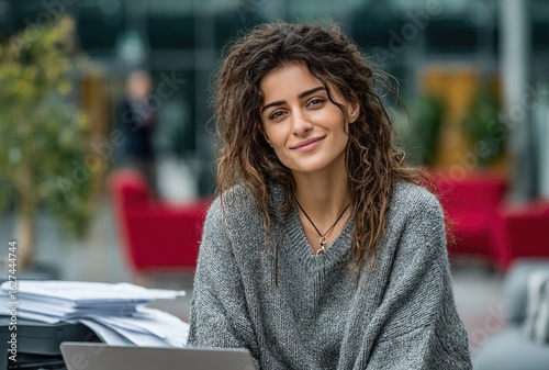 Curly-haired woman in grey sweater, sitting outside office, smiling at camera while working on laptop (with paper stack), happy with dark brown eyes, red sofa and glass building in background, golden 