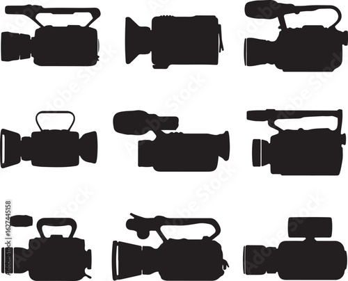 Black silhouettes of various video cameras camcorder