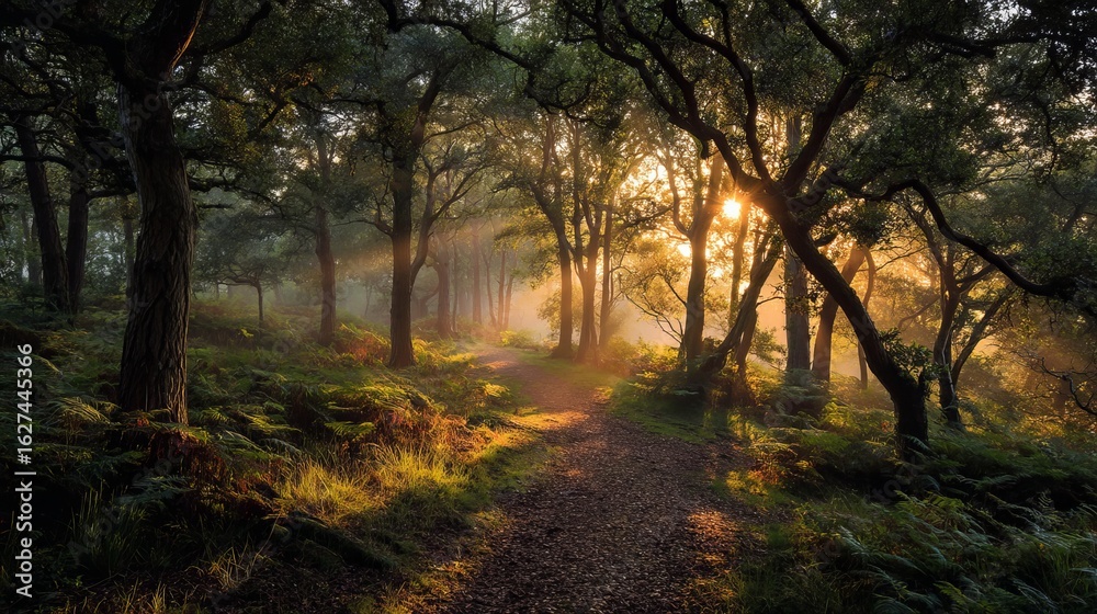 Obraz premium Peaceful forest stream flowing through lush green woodland in summer