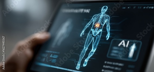 Futuristic AI Health Monitoring Interface Displaying Thirties Human Body Data with Glowing Diagram