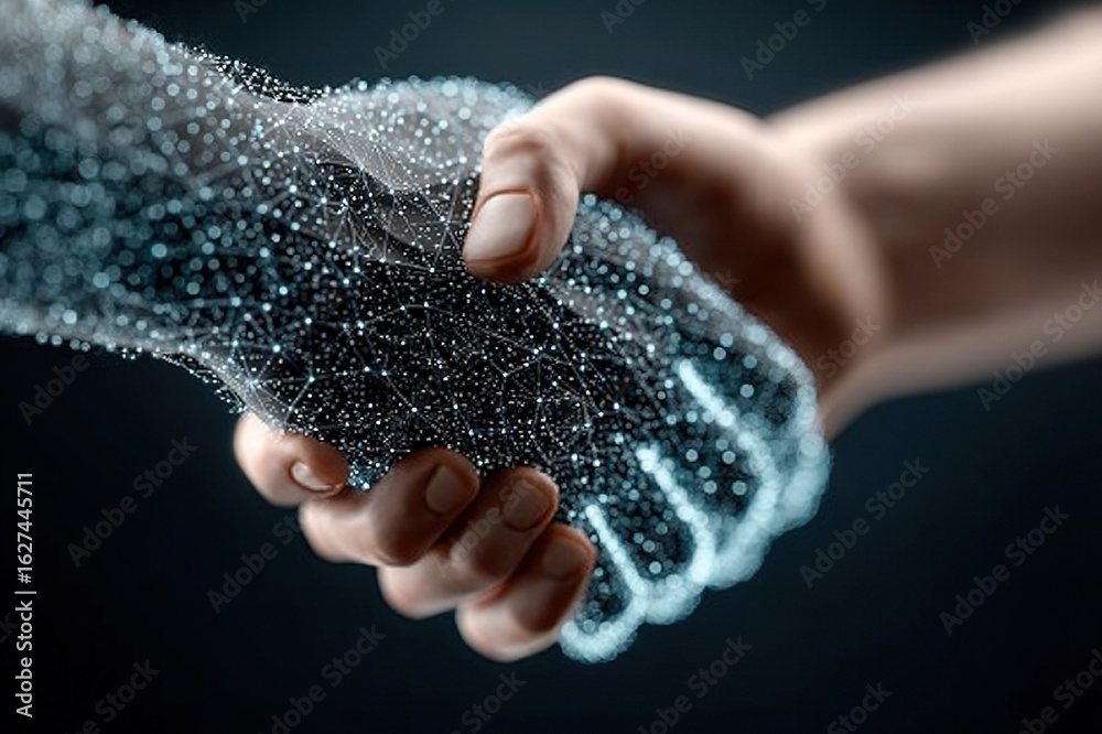 Glowing Digital Particle Hand Shakes Tech-Attired Hand on Dark Grey Background, Symbolizing Advanced Human-Machine Connection for Metaverse, Virtual Meetings, Tech Advertising Glowing Digital Particle Hand Shakes Tech-Attired Hand on Dark Grey Background, Symbolizing Advanced Human-Machine Connection for Metaverse, Virtual Meetings, Tech Advertising