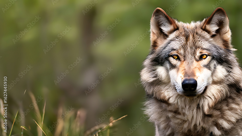 Obraz premium Gray Wolf in Autumn Forest. Wildlife, Nature, Predator, Profile of a majestic wolf displaying striking features, highlighting wildlife beauty and natural habitat