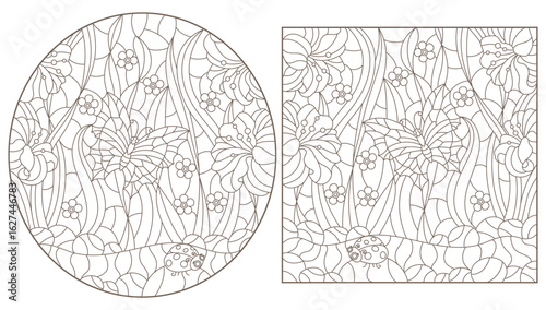 Set of contour illustrations in the style of stained glass with butterflies and lily flowers, dark outlines on a white background