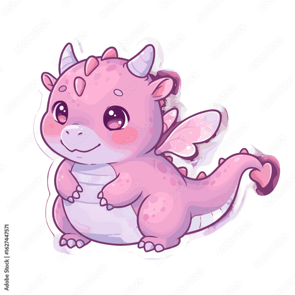 Fototapeta premium Adorable pink dragon with heart-shaped tail illustration, cute fantasy creature with big eyes and small wings, detailed vector art for children's designs