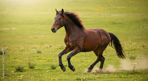 Running horse in green field