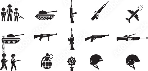 Military Icons Including Soldiers Tanks Guns Airplane Grenade and Helmets army combat