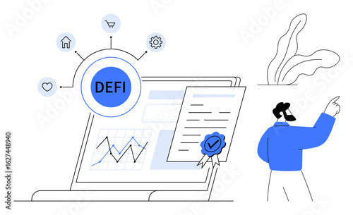 Laptop displaying financial charts, certificates, and blockchain links labeled DEFI. User pointing at a plant. Ideal for blockchain, technology, fintech, investment, cryptocurrency analytics simple