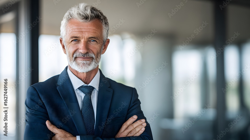 Naklejka premium A professional consultant in formal attire, exuding confidence against a blurred office backdrop.