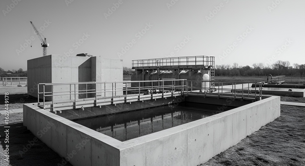Obraz premium Wastewater Treatment Plant Exterior Black and White