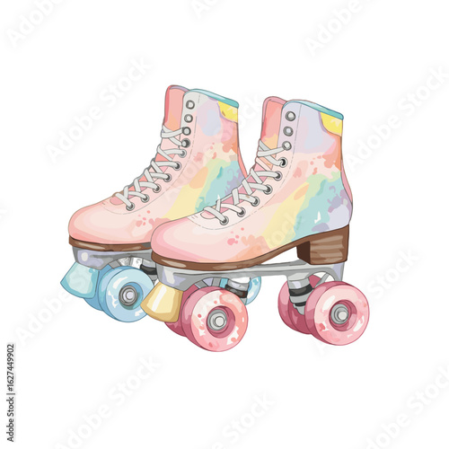 Pair of pastel rainbow roller skates with white laces, a vintage style illustration on a white background