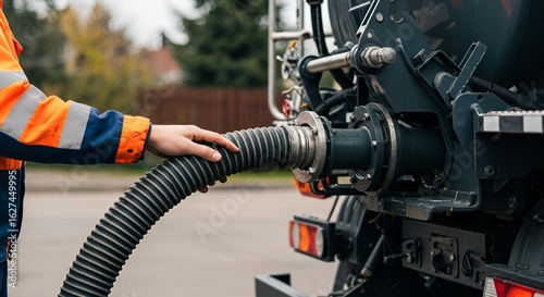 Man Connecting Vacuum Truck Hose for Sewage Maintenance