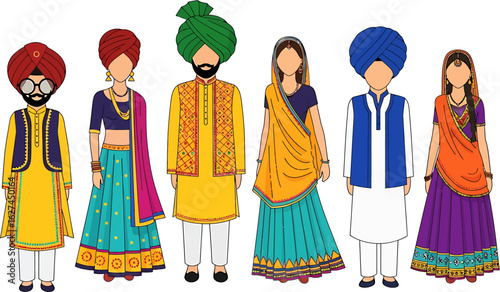 A diverse group of Indian people standing together in colorful traditional clothing. Vector illustration of men and women in festive cultural attire.