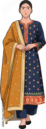 Elegant South Asian woman in a traditional embroidered blue shalwar kameez with a yellow dupatta. Vector illustration.