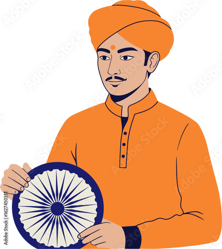 Illustration of an Indian man in a traditional orange turban and kurta holding the Ashoka Chakra, a symbol of national pride.
