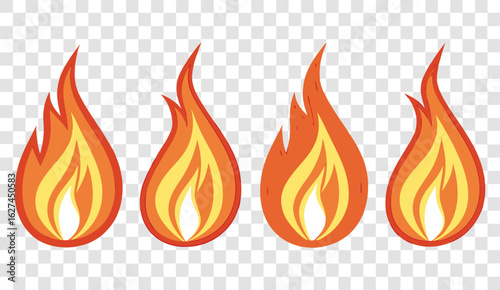 Four stylized vibrant orange and yellow flames with a transparent background representing heat and energy