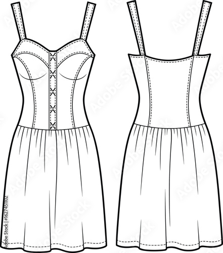 Corset bodice summer dress with gathered skirt, sleeveless straps, technical flat drawing, fashion cad vector template for garment design
