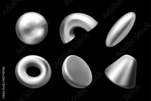 Vector 3d silver abstract shape set. Y2k geometric chrome figure collection isolated