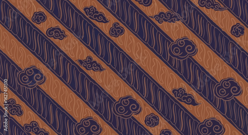 Traditional Javanese Batik pattern with diagonal stripes and stylized cloud motifs. Classic Indonesian textile art background.