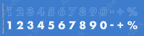 Blueprint font. Architectural typeface. Engineering sketch numbers isolated on blue background. Technical drawing digits and symbols with construction lines and shading. Graphic vector illustration.